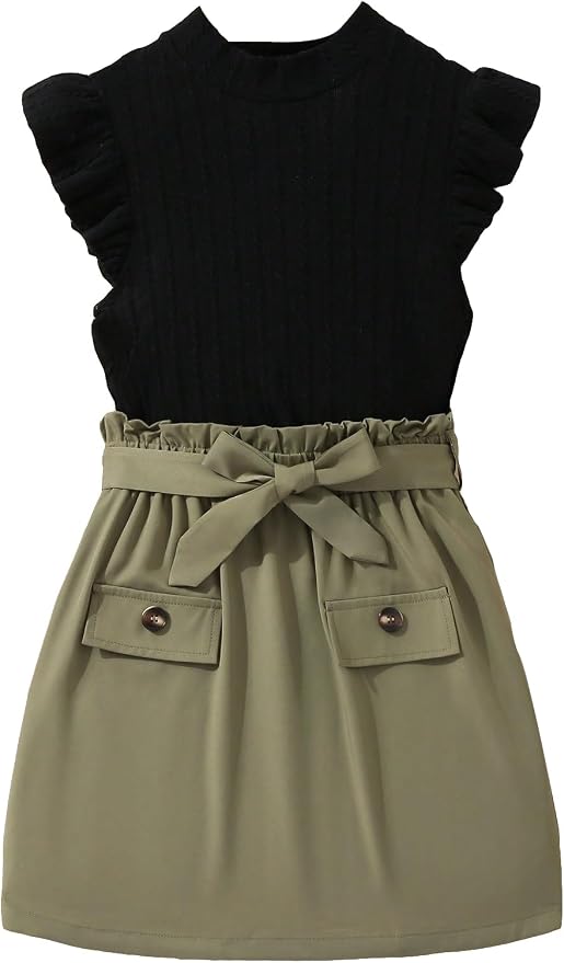 OYOANGLE Girl's 2 Piece Outfits Rib Knit Ruffle Trim Cap Sleeve Tee Top and Paperbag Waist Belted Short Skirt Sets